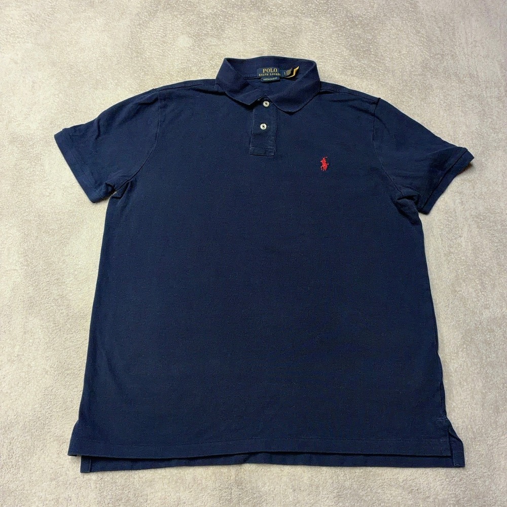 Polo Ralph Lauren Polo Shirt Navy Blue Red Pony Pima Custom Slim Fit Mens Large
